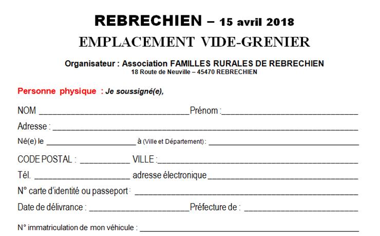 Coupon d’inscription pour le vide-grenier de Rebréchien