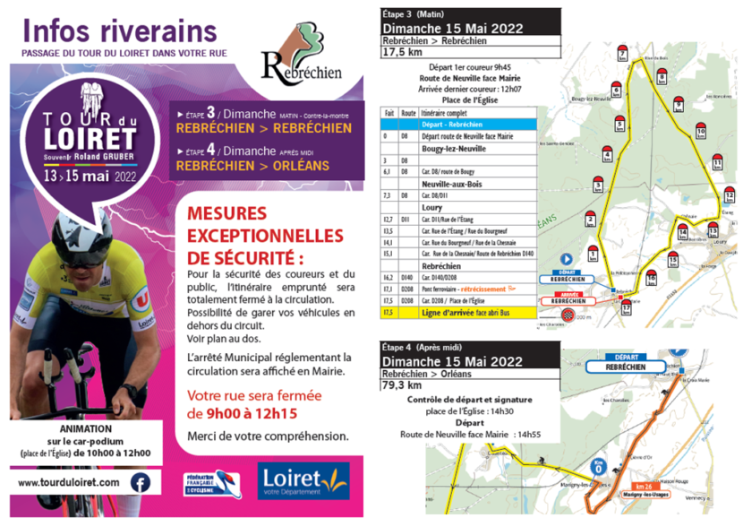 Informations de circulation à Rebréchien – Tour du Loiret 2022 – Dimanche 15 mai 2022