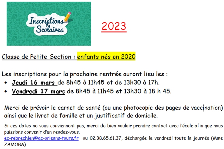 Inscriptions école rentrée 2023 – 16 & 17 mars