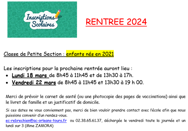 Inscriptions rentrée scolaire 2024 (enfants nés en 2021)