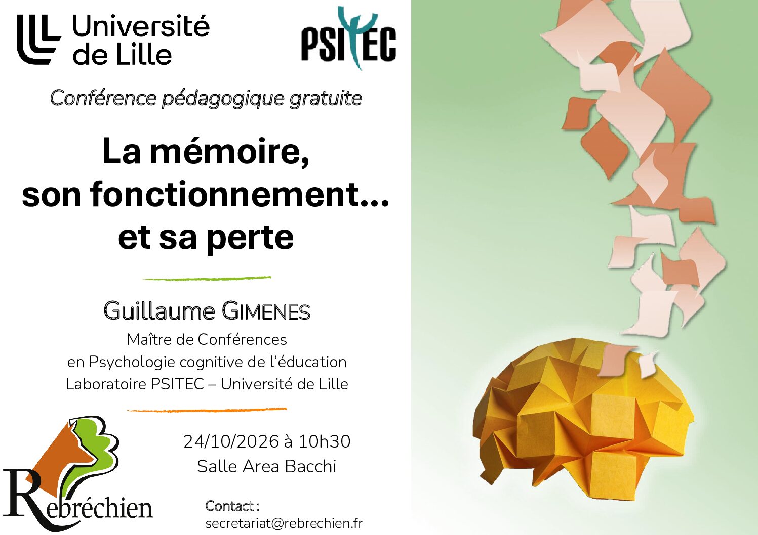 24 oct : Conférence gratuite sur la mémoire à 10h30 salle Area Bacchi