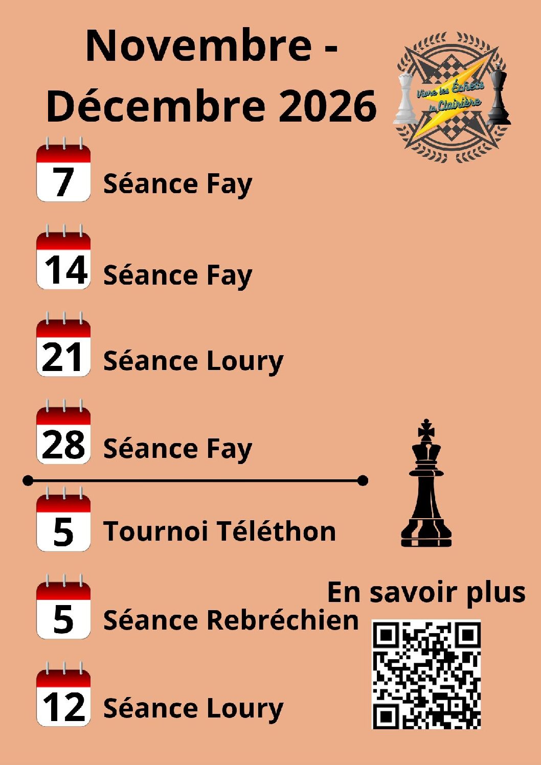 Nov-Déc : dates des séances et du tournoi d&rsquo;échecs de Vivre les Échecs – La Clairière