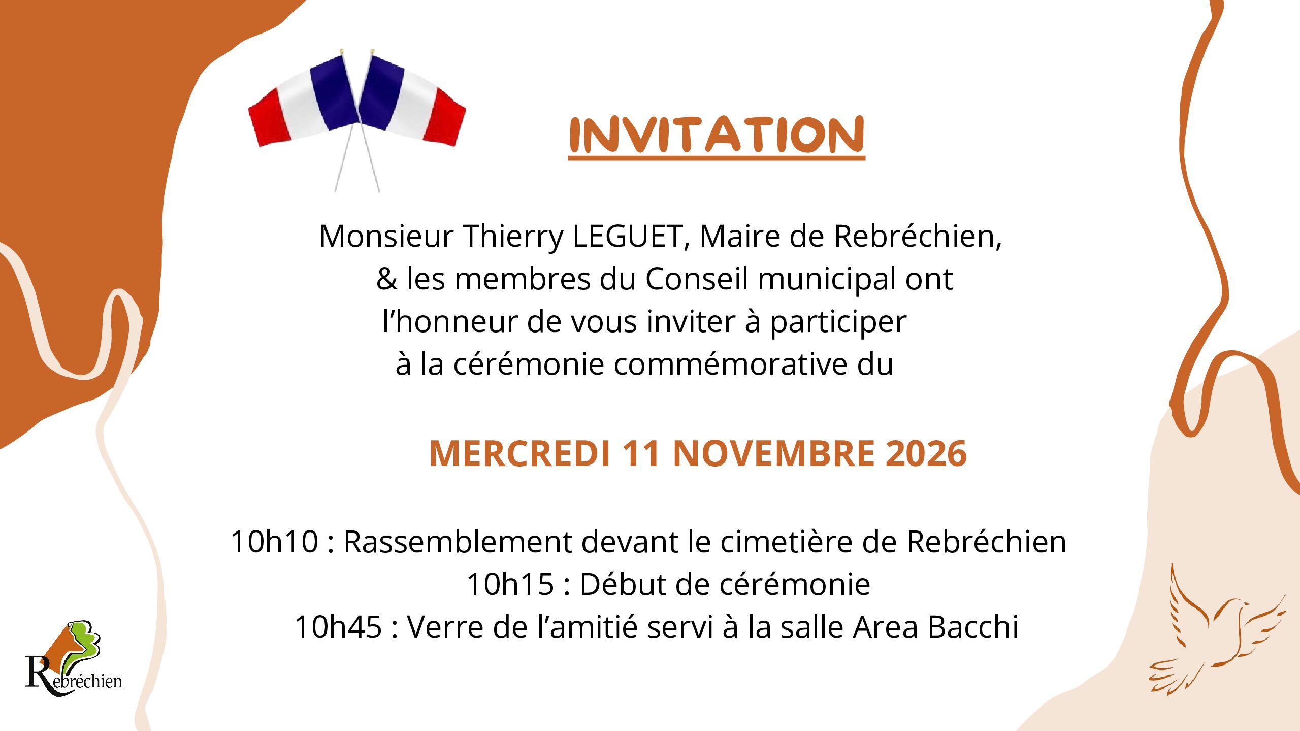 Invitation à la cérémonie du mercredi 11 novembre 2026